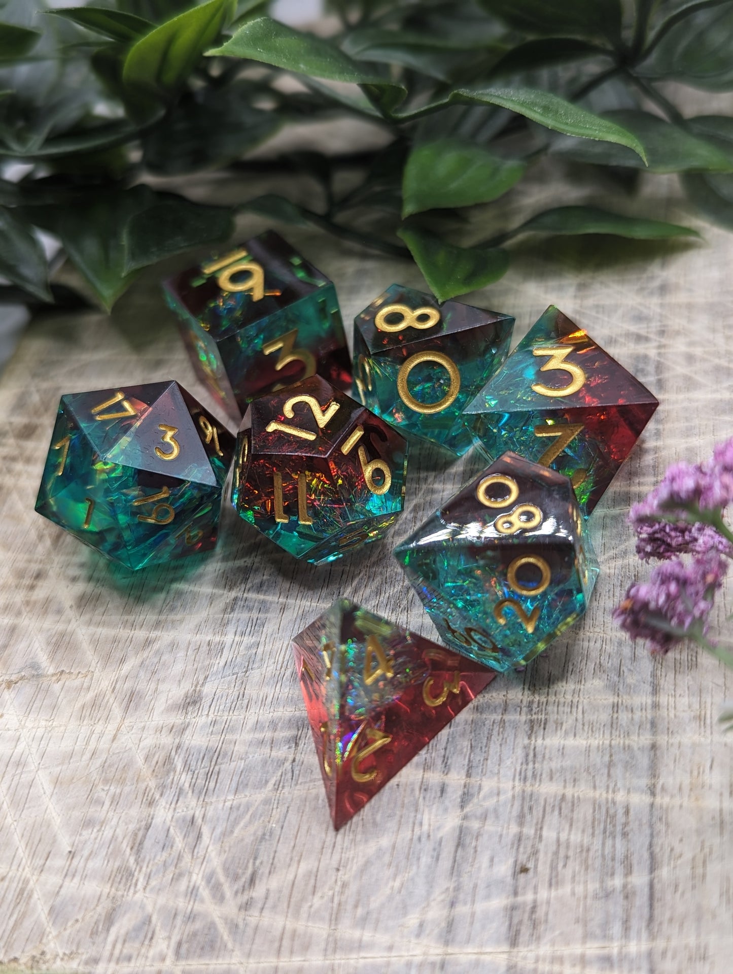 MAELSTROM Red, Green & Gold Sharp Edge Polyhedral Dungeons and Dragons Dice Set