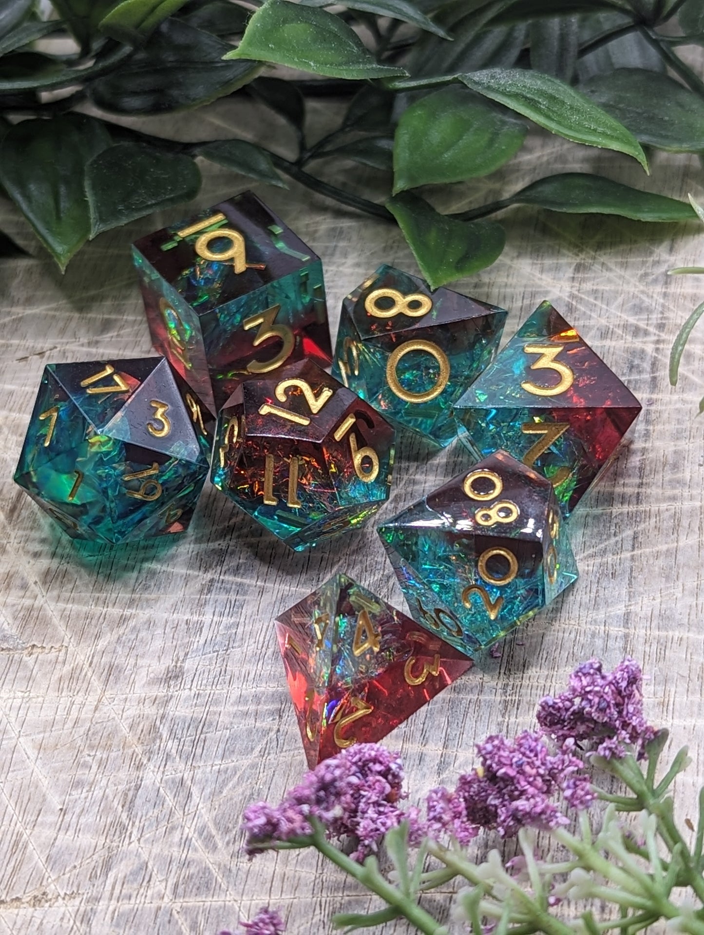 MAELSTROM Red, Green & Gold Sharp Edge Polyhedral Dungeons and Dragons Dice Set