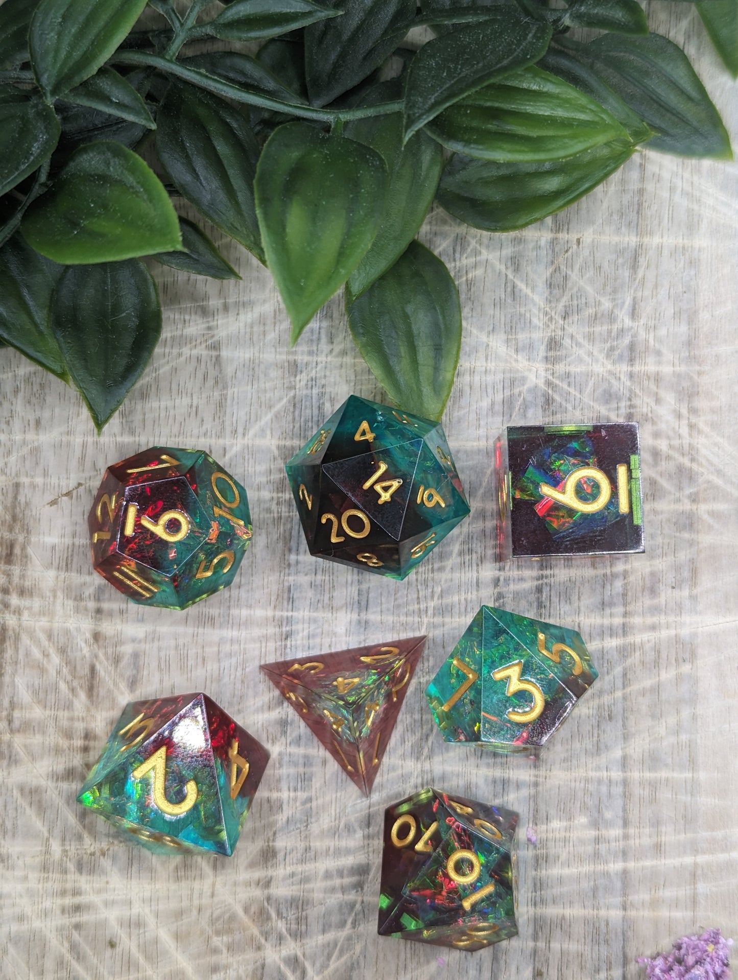 MAELSTROM Red, Green & Gold Sharp Edge Polyhedral Dungeons and Dragons Dice Set