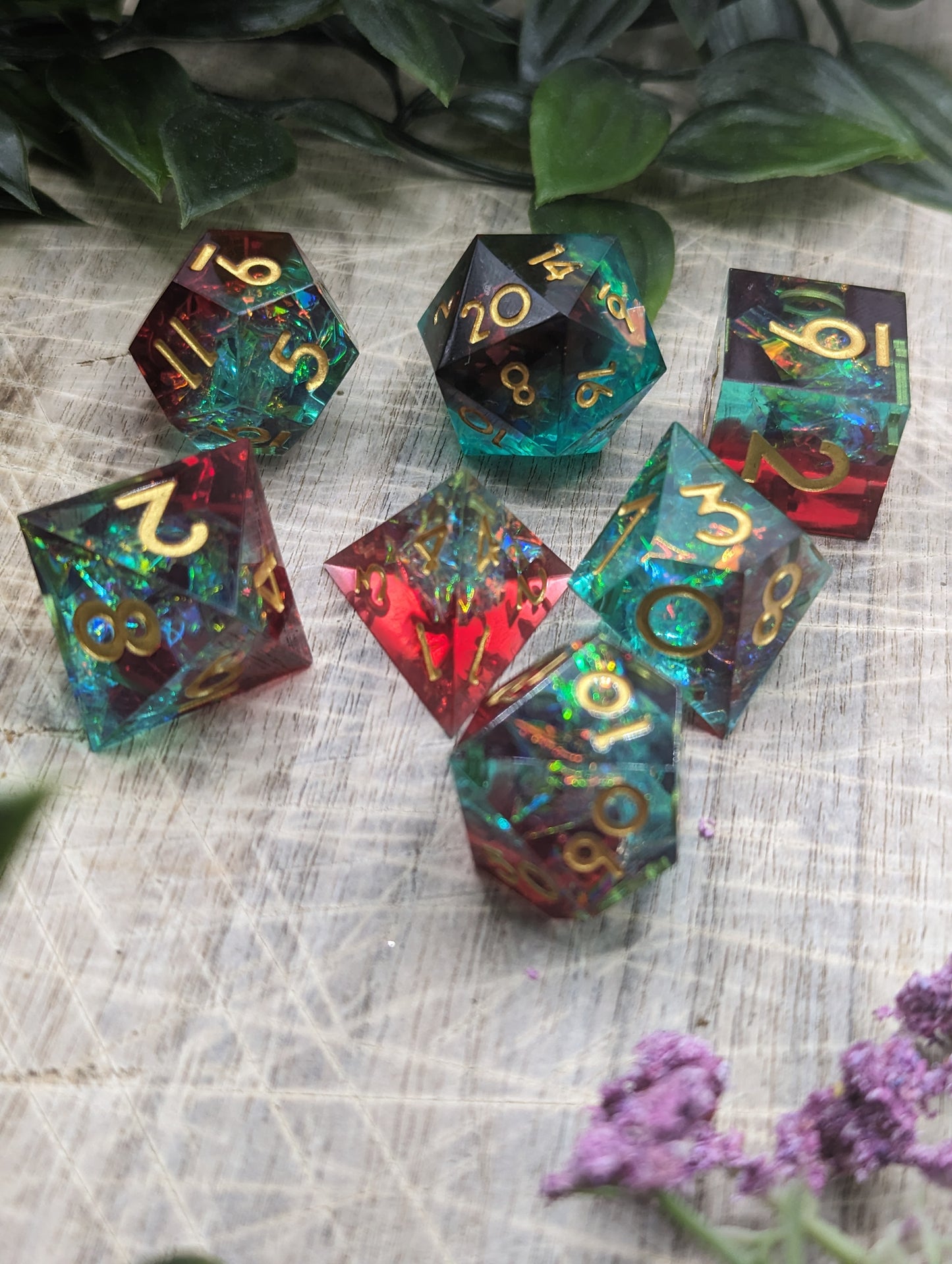 MAELSTROM Red, Green & Gold Sharp Edge Polyhedral Dungeons and Dragons Dice Set