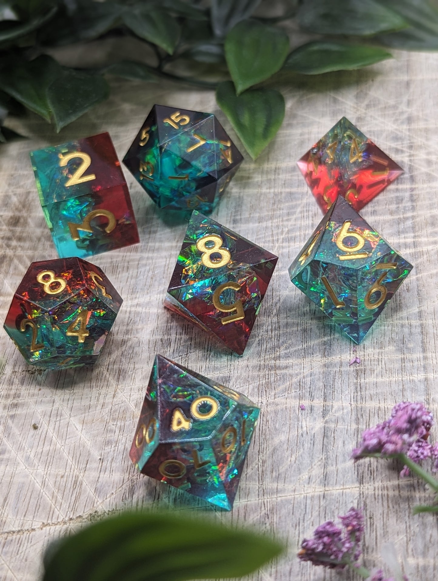 MAELSTROM Red, Green & Gold Sharp Edge Polyhedral Dungeons and Dragons Dice Set