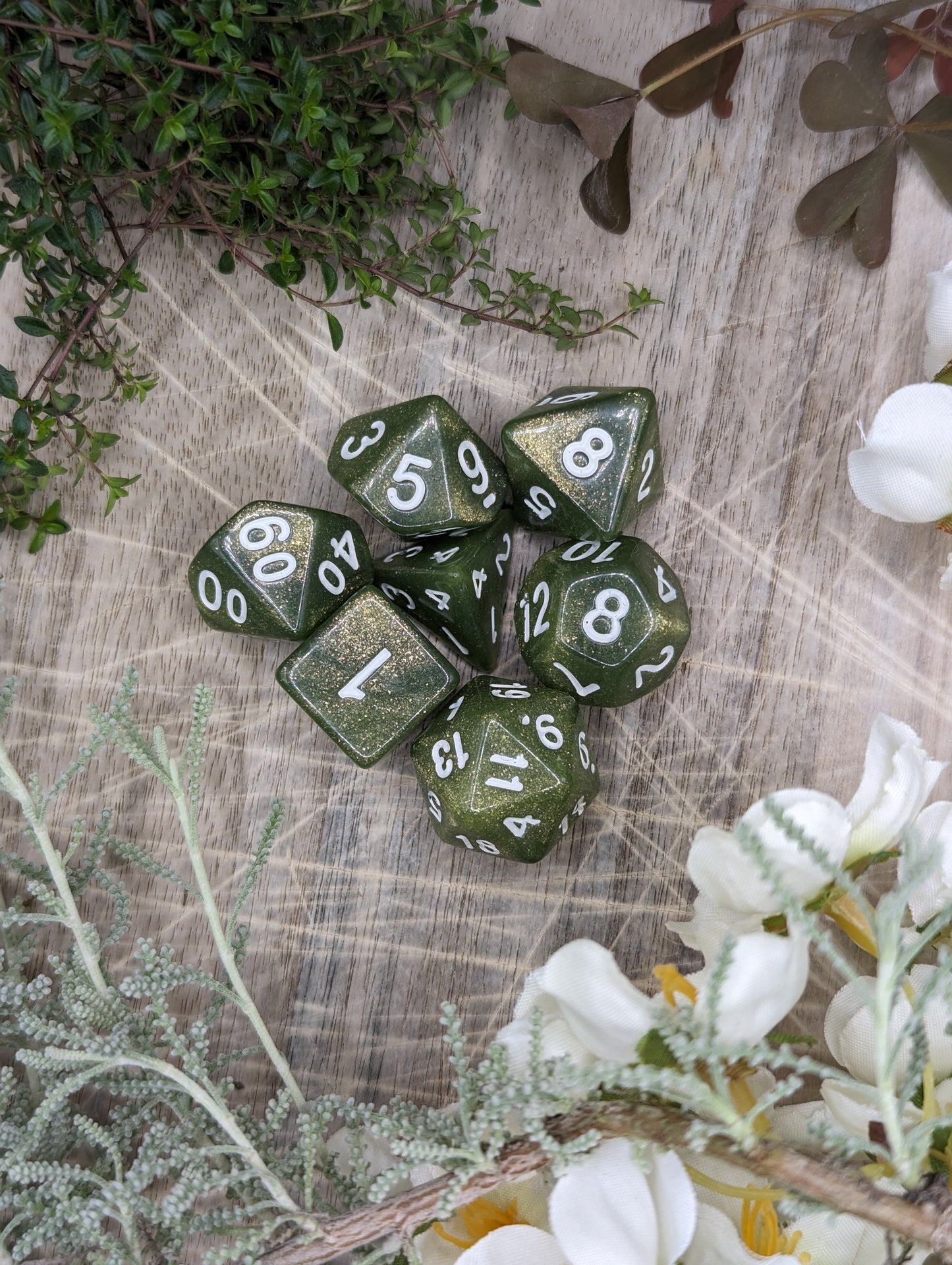 Polyhedral Glittering Green Dice Set Top Down Grouped