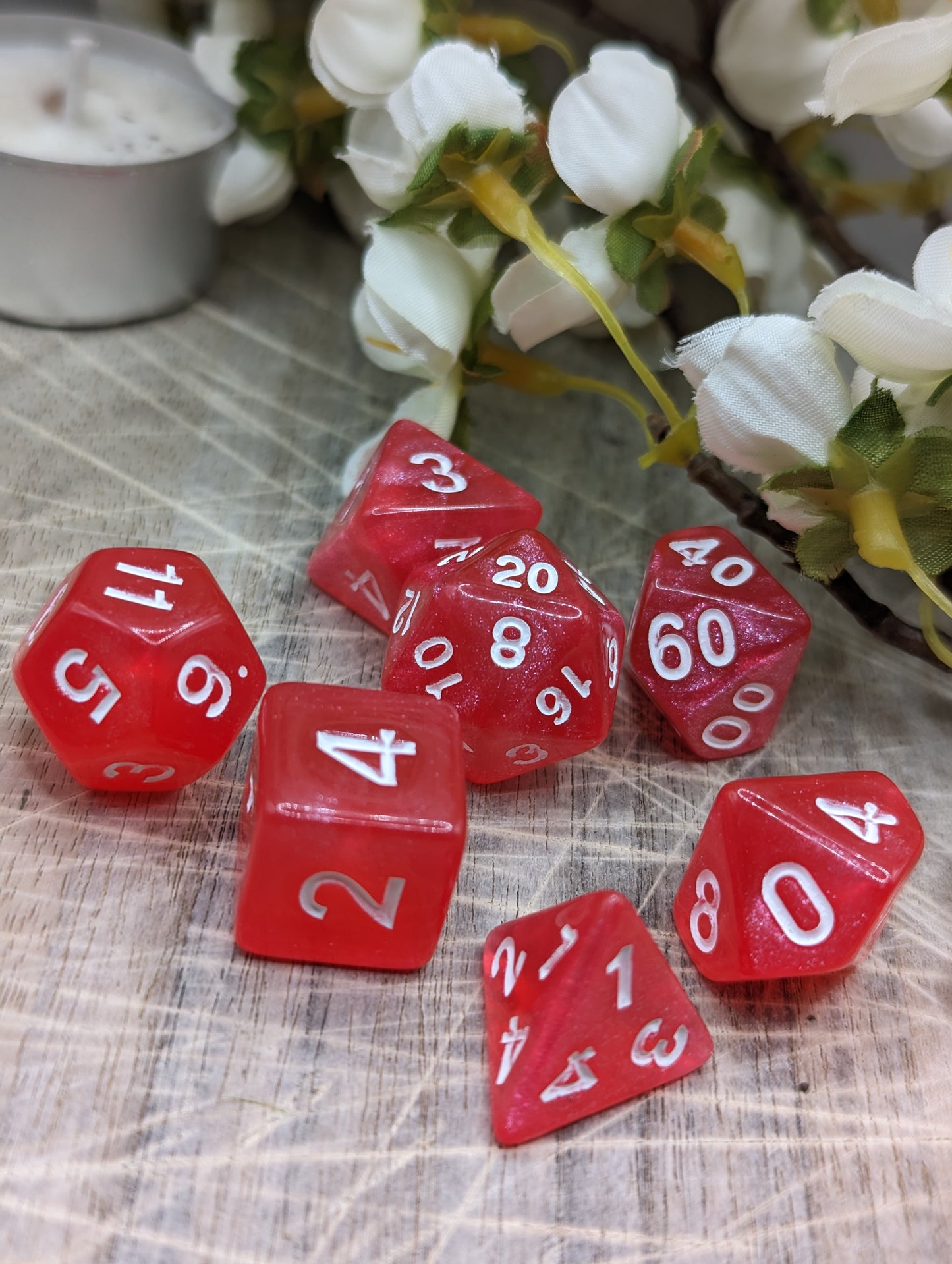 Red Pink Polyhedral Dungeons and Dragons Dice Set Low Angle