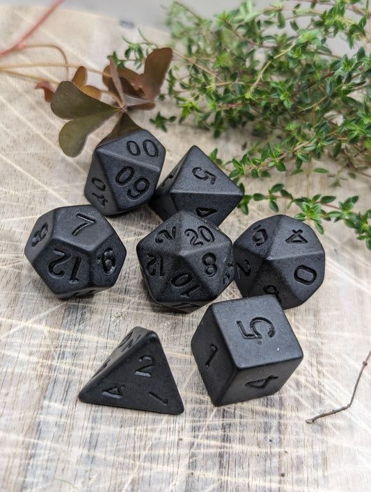 Matt Black Polyhedral Dungeons and Dragons Dice Set Low Angle