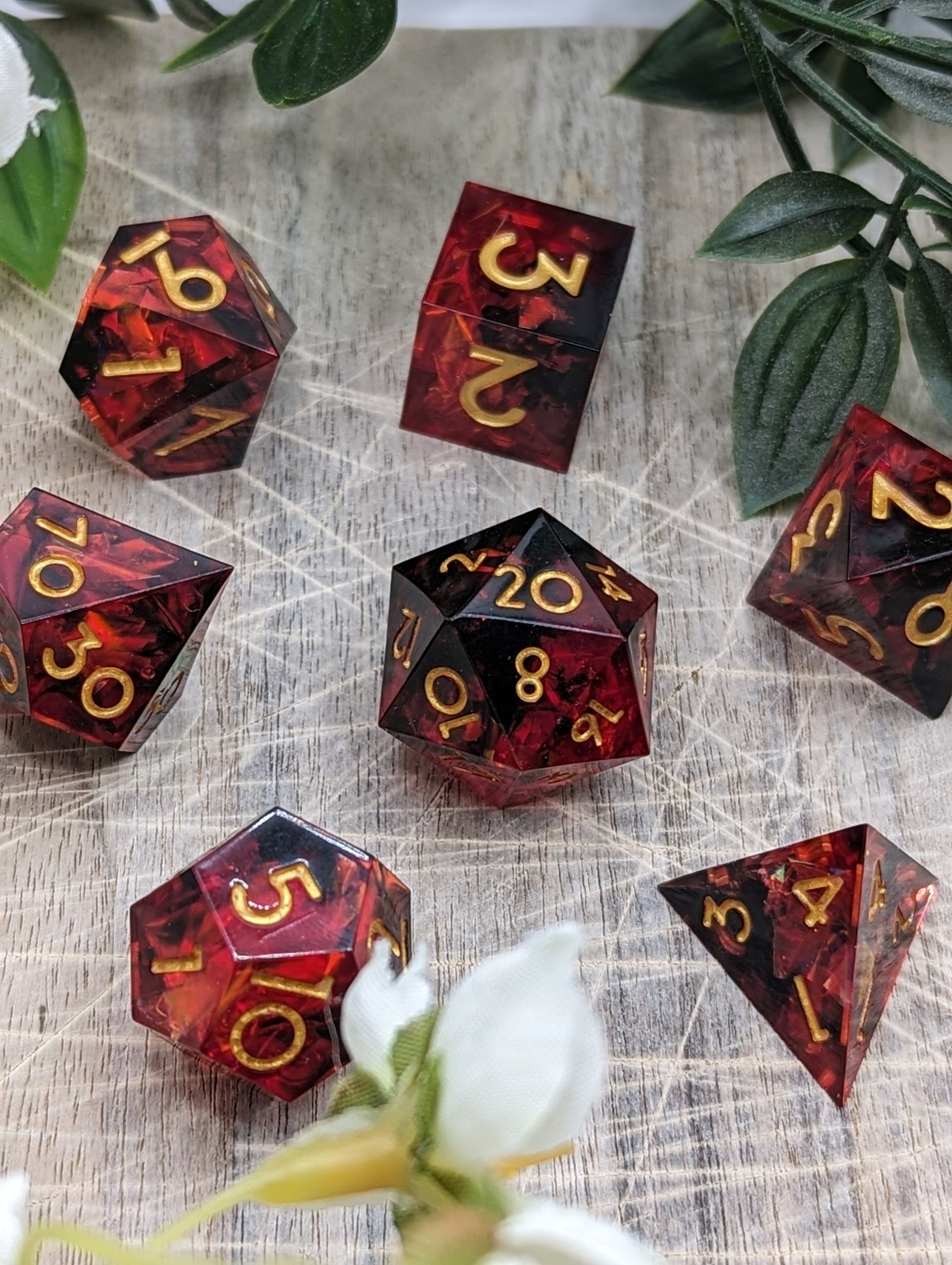 Black Gold Red Sharp Edge Resin Dungeons and Dragons Dice Set Thumbnail