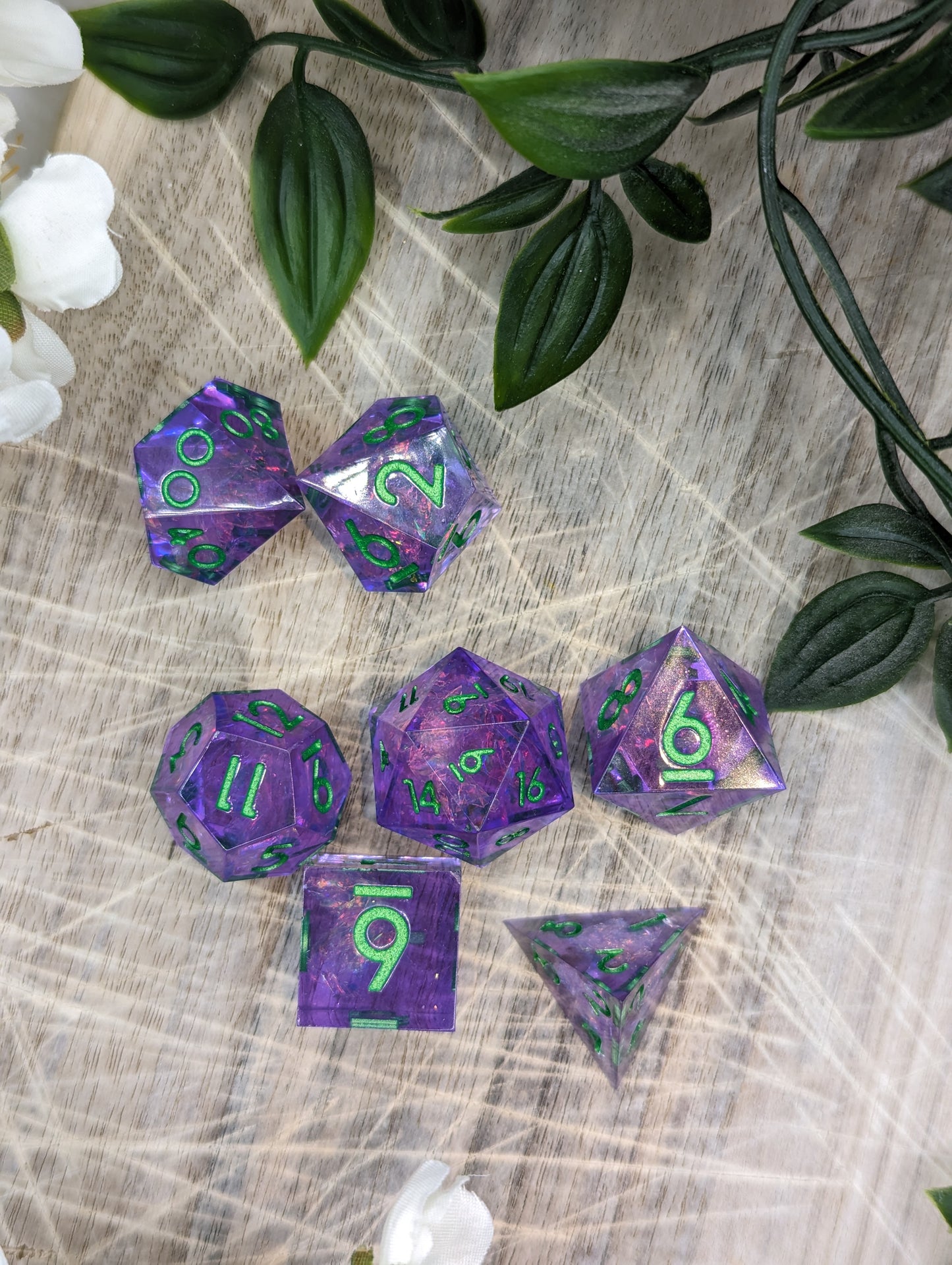 Purple & Green Sharp Edge Polyhedral Dungeons and Dragons Dice Set Top Down Grouped