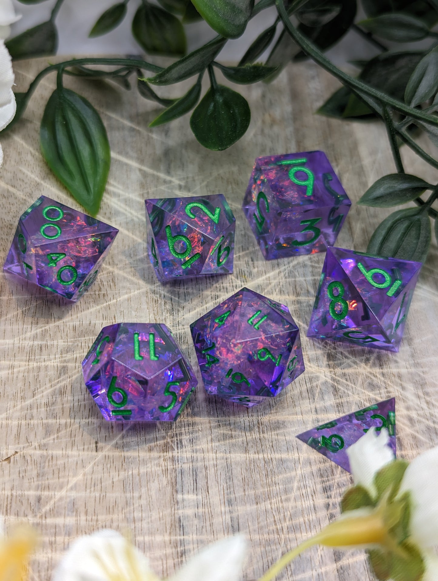 Purple & Green Sharp Edge Polyhedral Dungeons and Dragons Dice Set High Angle