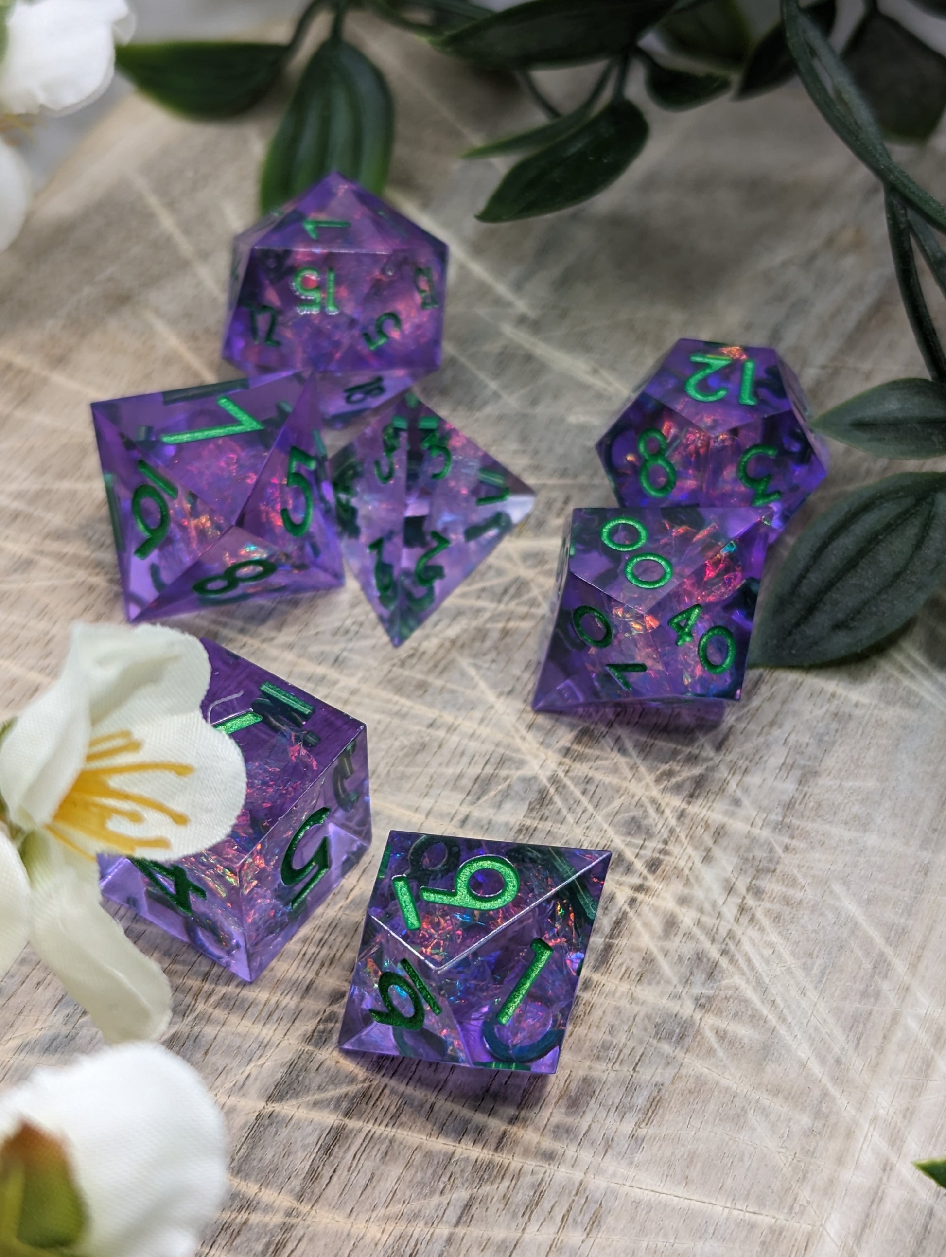 Purple & Green Sharp Edge Polyhedral Dungeons and Dragons Dice Set High Angle Variant