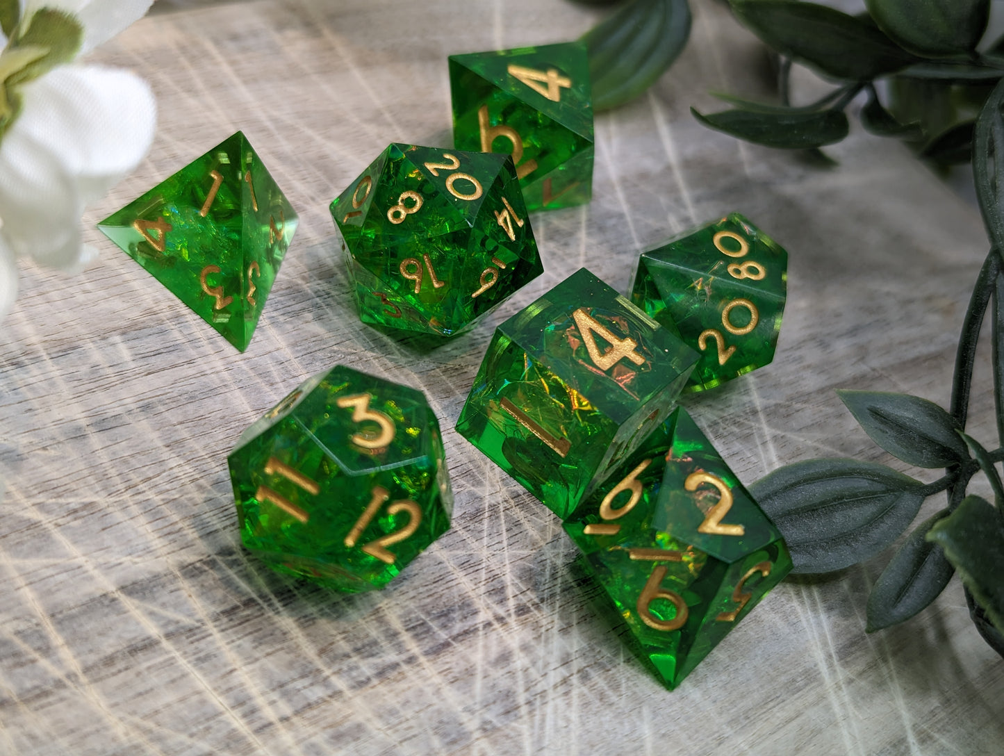 Green Gold Sharp Edge Resin Dice Low Angle