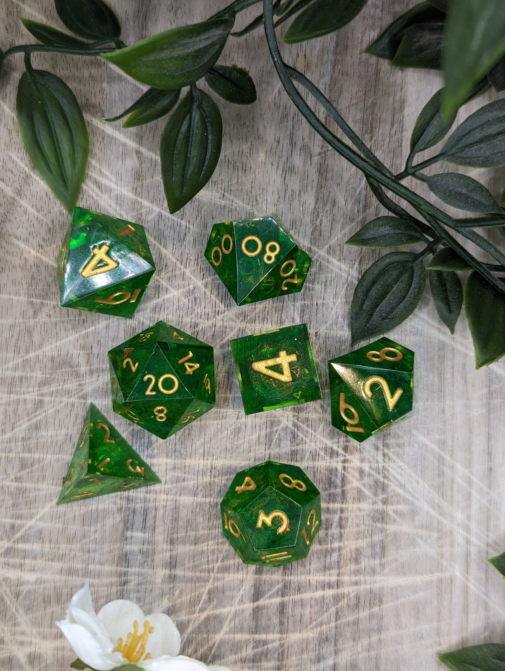 Green Gold Sharp Edge Resin Dice Top Down