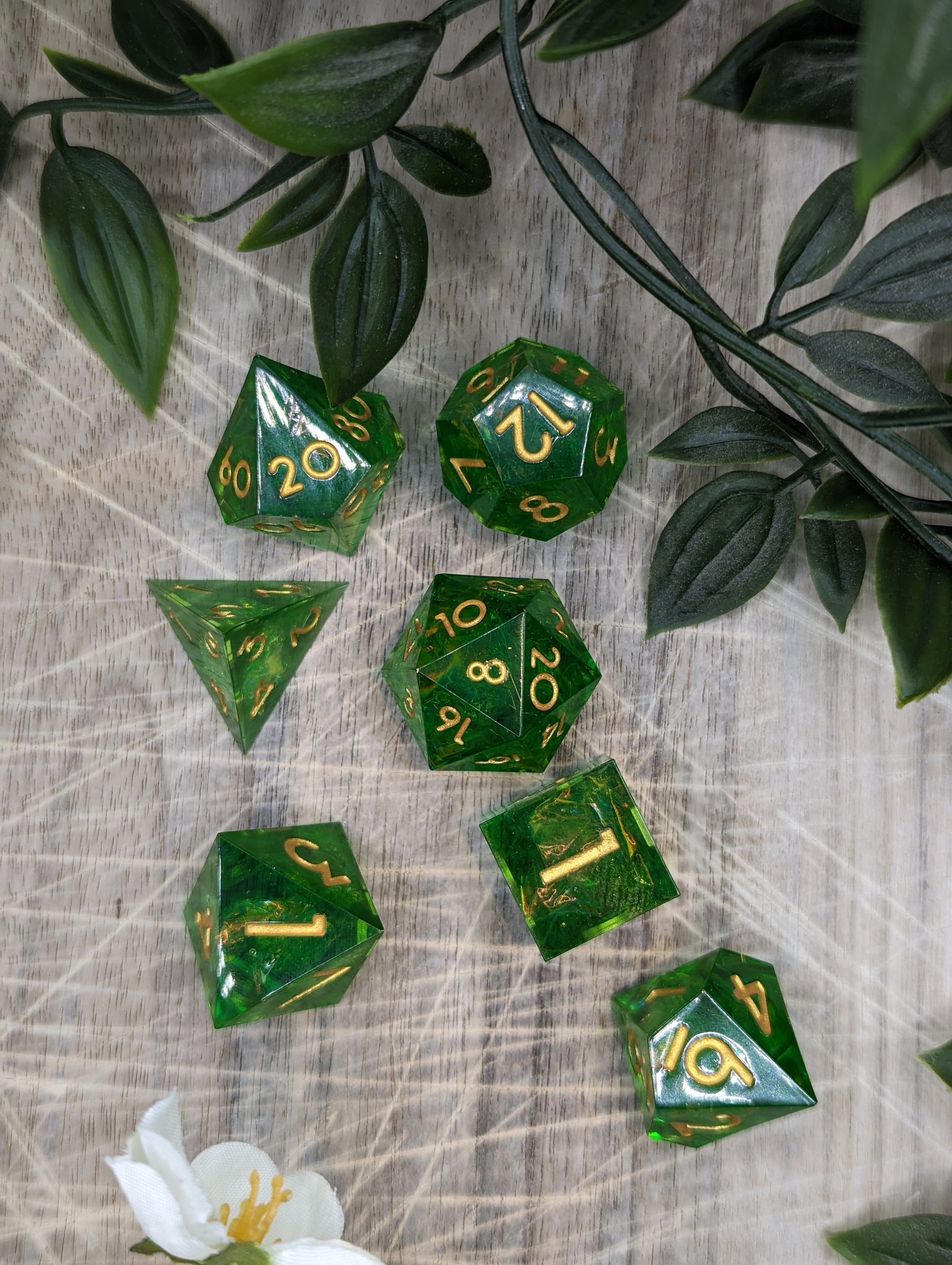 Green Gold Sharp Edge Resin Dice Top Down Scatter