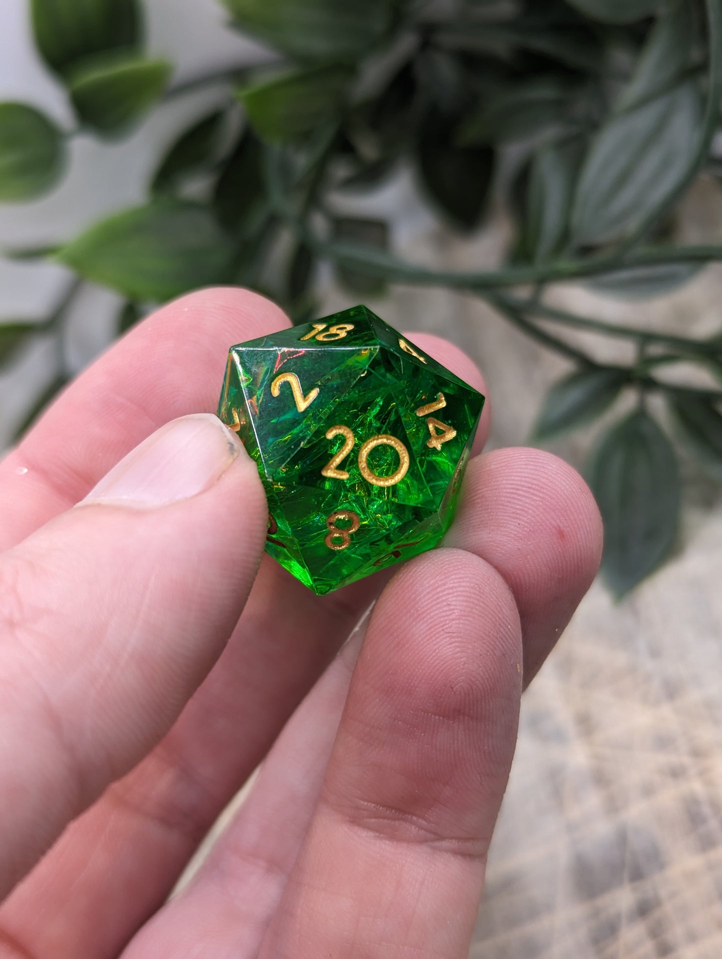 Green Gold Sharp Edge Resin Dice D20