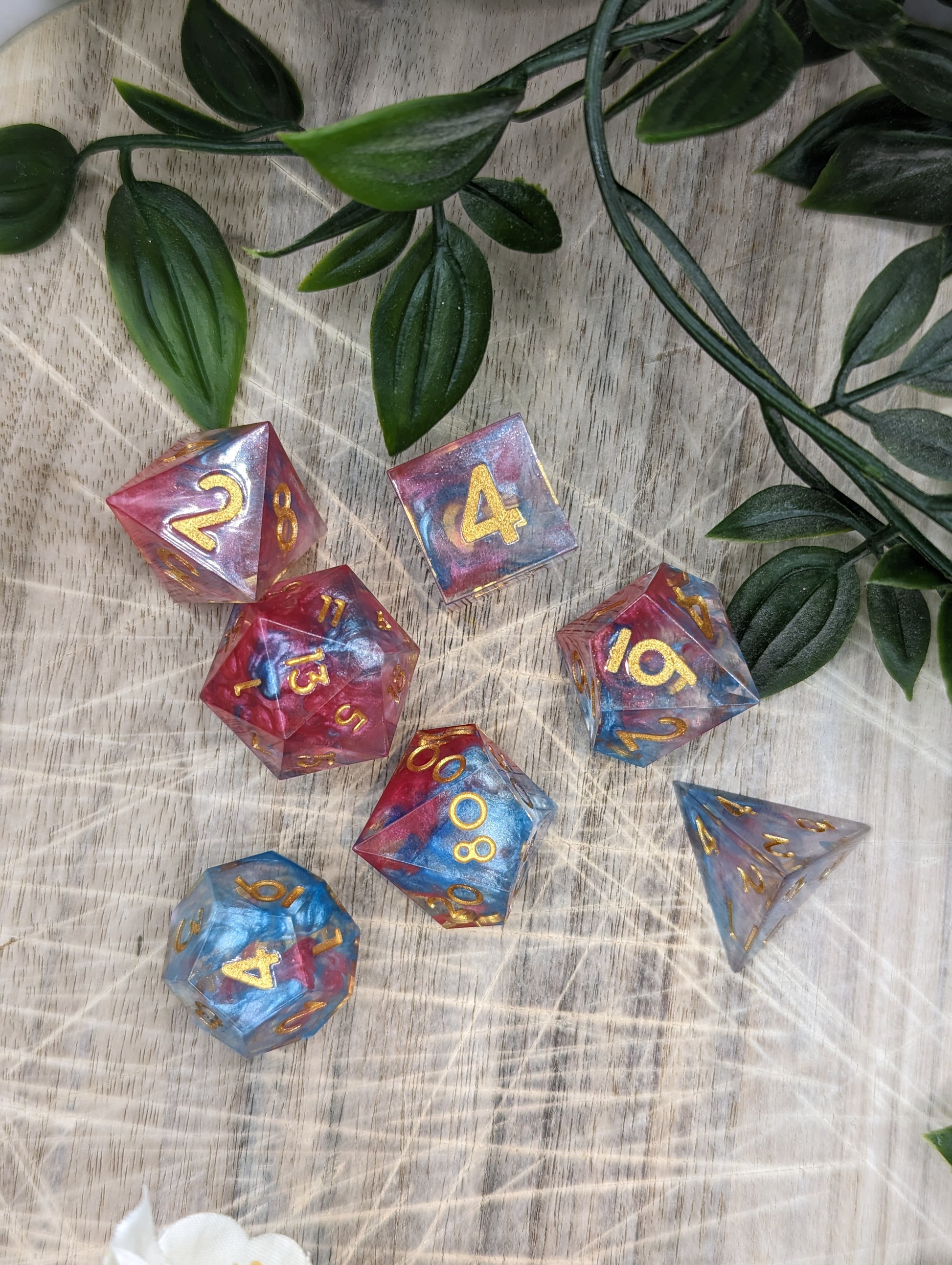 Pink, Blue and Gold Sharp Edge Dice Set Top Down Variation