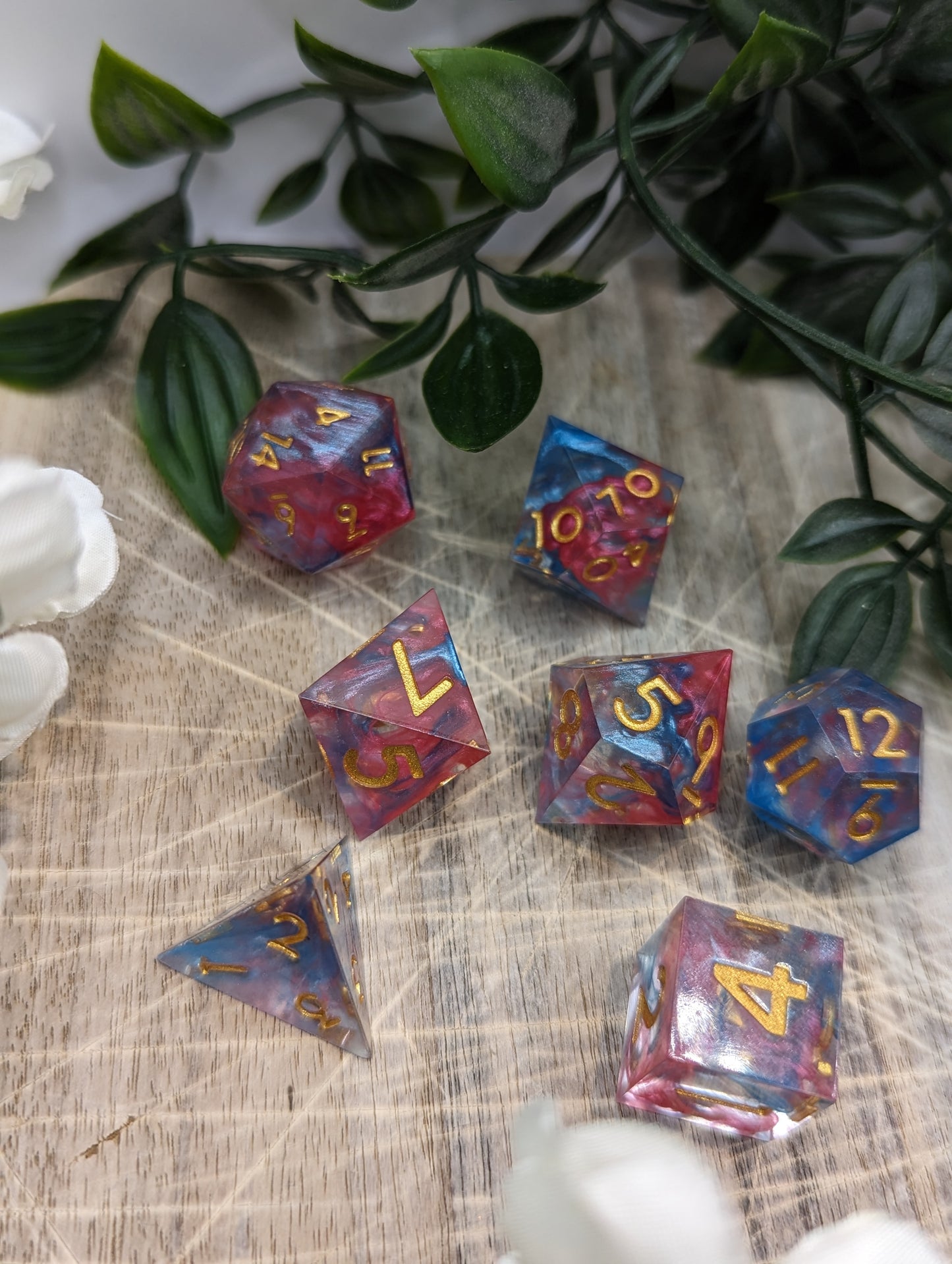 Pink, Blue and Gold Sharp Edge Dice Set Angle Shot