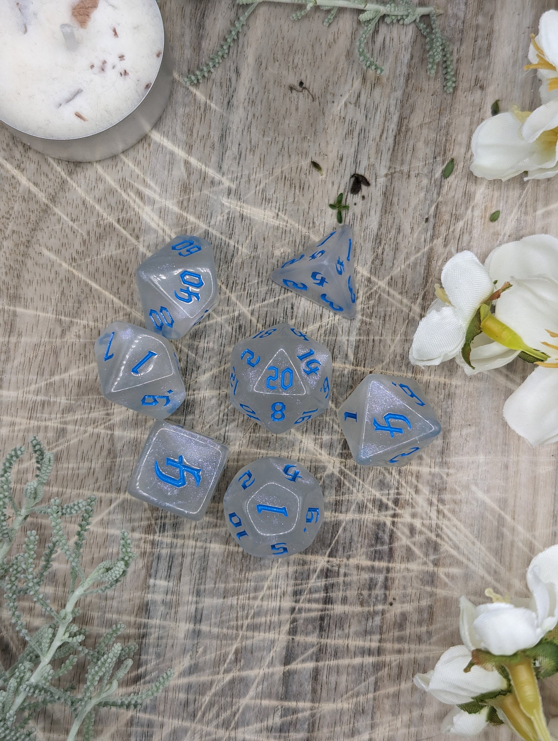 Blue and White Sparkle Polyhedral Dungeons and Dragons Dice Set Top Down