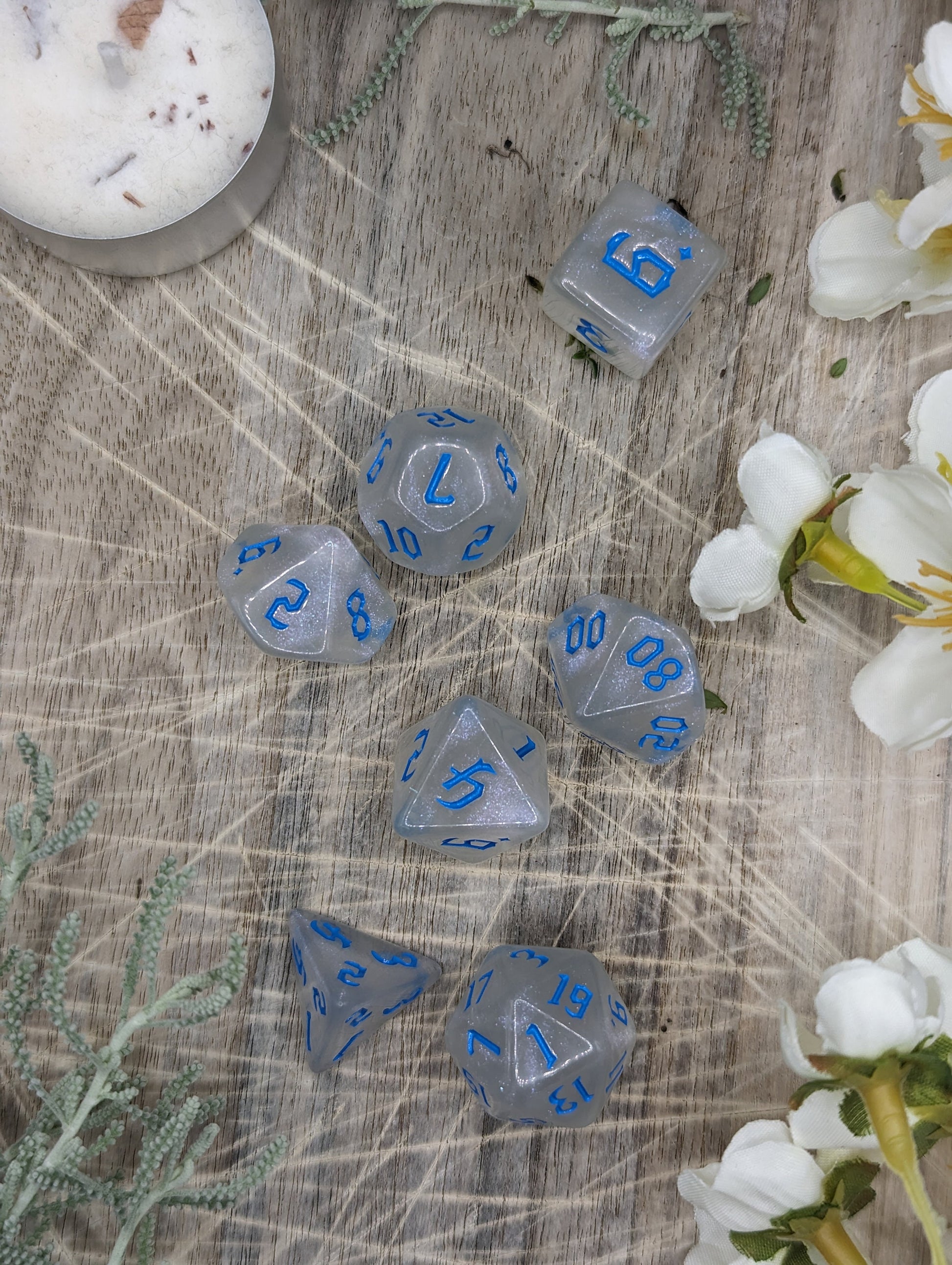 Blue and White Sparkle Polyhedral Dungeons and Dragons Dice Set Scattered Variant