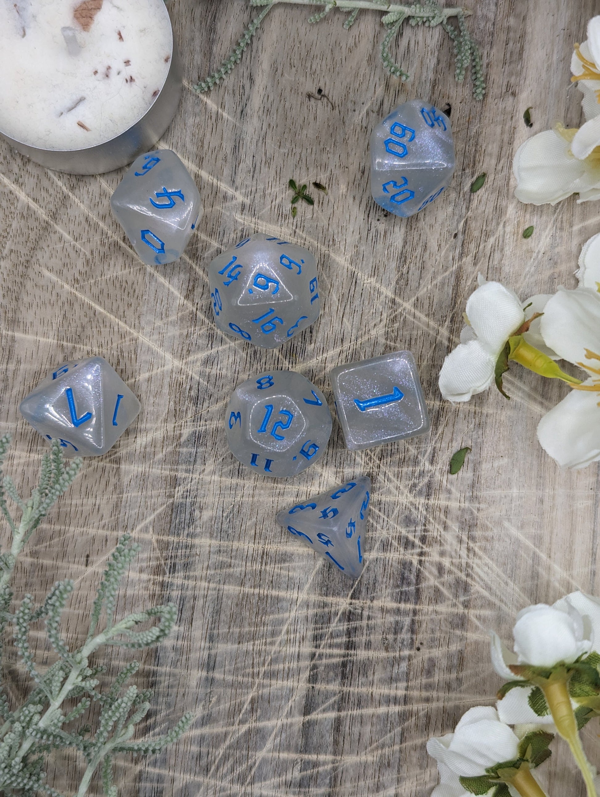 Blue and White Sparkle Polyhedral Dungeons and Dragons Dice Set Top Down D12